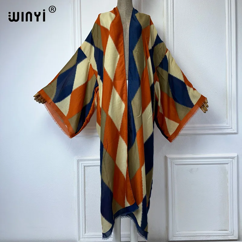 WINYI kimono nadruk geometryczny osłona do bikini elegancki strój plażowy dla kobiet seksowna bawełniana sukienka westidos para mujer kaftan