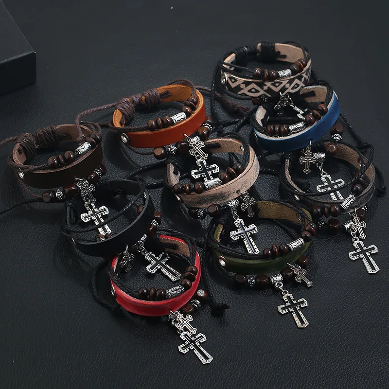 Retro Punk Cross Layer Bracelet For Man Hand Woven Cowhide Leather Adjustable Bead Bracelet Unisex Accessories Christian Jewelry