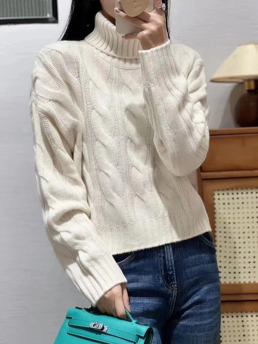 

High waist short thickened Fried Dough Twists cashmere knitwear women's high neck twisted pullover sweater bottoming sweater