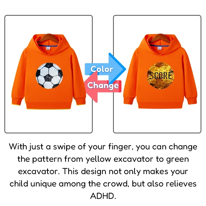 Children Football Hoodie Changeable Sequin Sweater 2023 Spring Autumn Baby Boys Girls Long Sleeves Sweatshirts Kids Coat