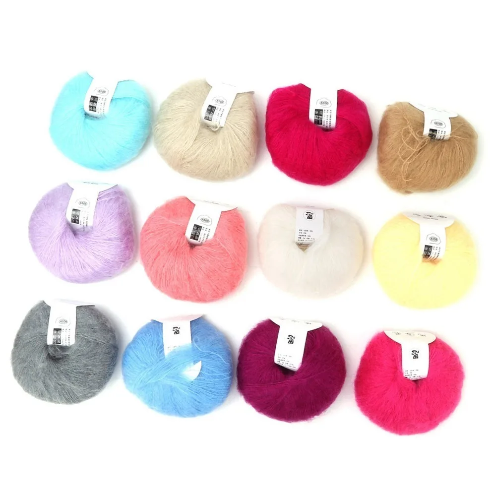 12pcs 12 Colors Set Mohair Yarn Rolled Form Hand Knitting Angora Yarn Crochet Compatible Knit Grade Long Wool Yarn For Scarves