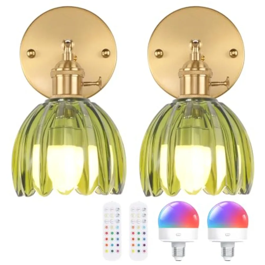 Vintage Wall Sconce with Tulip Glass Lampshade Rechargeable Powered Wall Light with Remote Control for Bedside Bedroom Doorway,