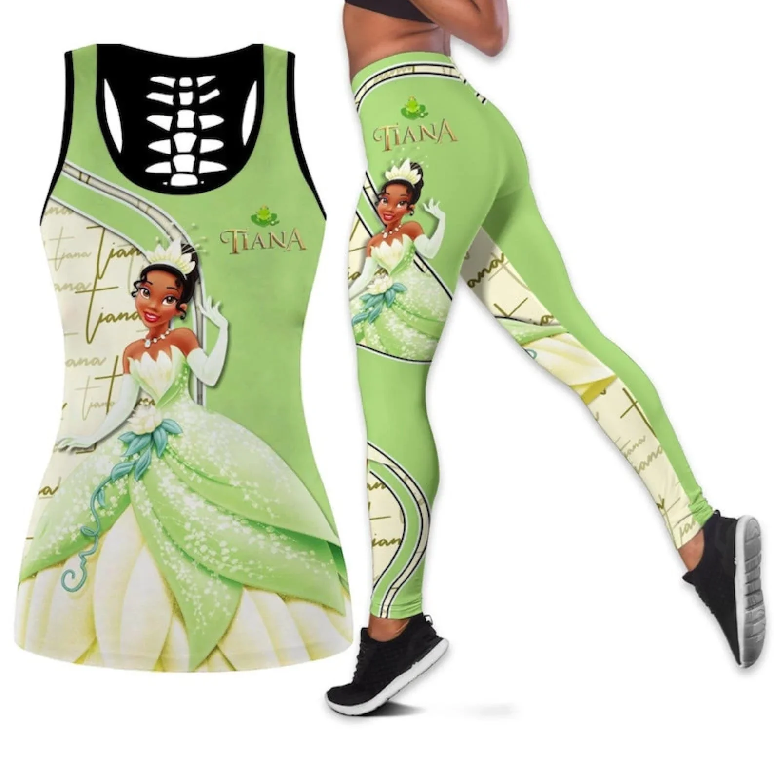 

2024 Princess Tiana Women Book Hollow Vest + Women Leggings Yoga Suit Fitness Leggings Sports Suit Disney Tank Top Legging Set