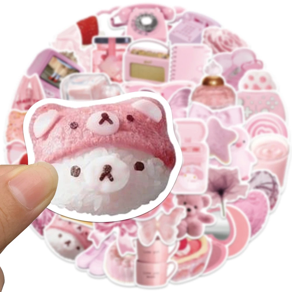 50Pcs Beautiful Kawaii korean Pink Heart Bear Stickers Decorative Luggage Notebook Waterproof Non-repeat Shiny Girl Stickers Toy