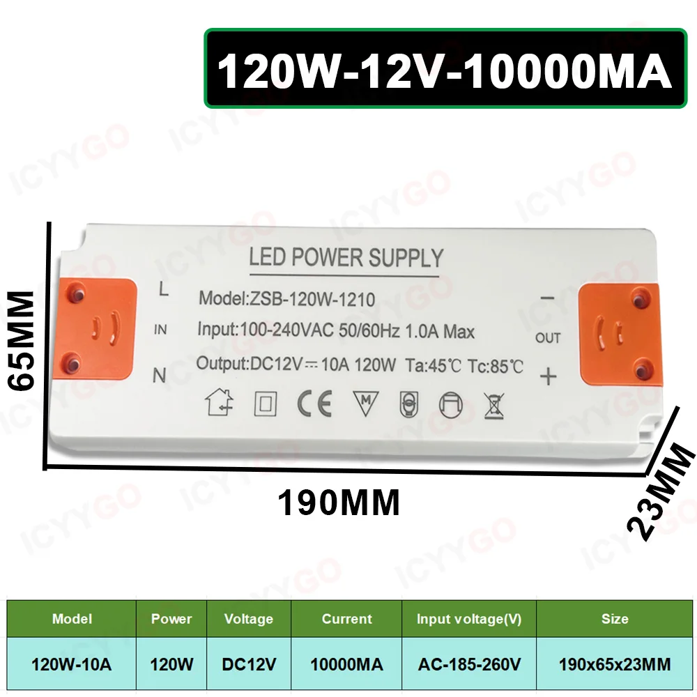 LED-voeding DC12V 12W 18W 24W 36W 60W 120W Verlichtingstransformator LED-voeding 1A 1,5A 2A 5A 10A voor LED-lichtstrip