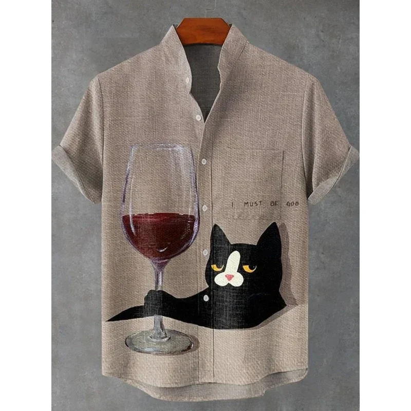 

Men's I Must Be God Cat Drinking Red Wine Print Funny Linen Blend Shirt Summer Hawaiian Shirts Harajuku Streetwear Casual Tops