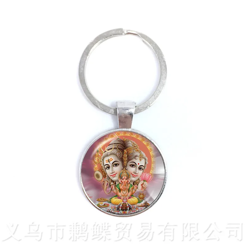 New Fashion Glass Time Gem Keychain 25mm Ganesha Buddha Elephant Pendants DIY Men Jewelry Car Key Holder Souvenir For Gift