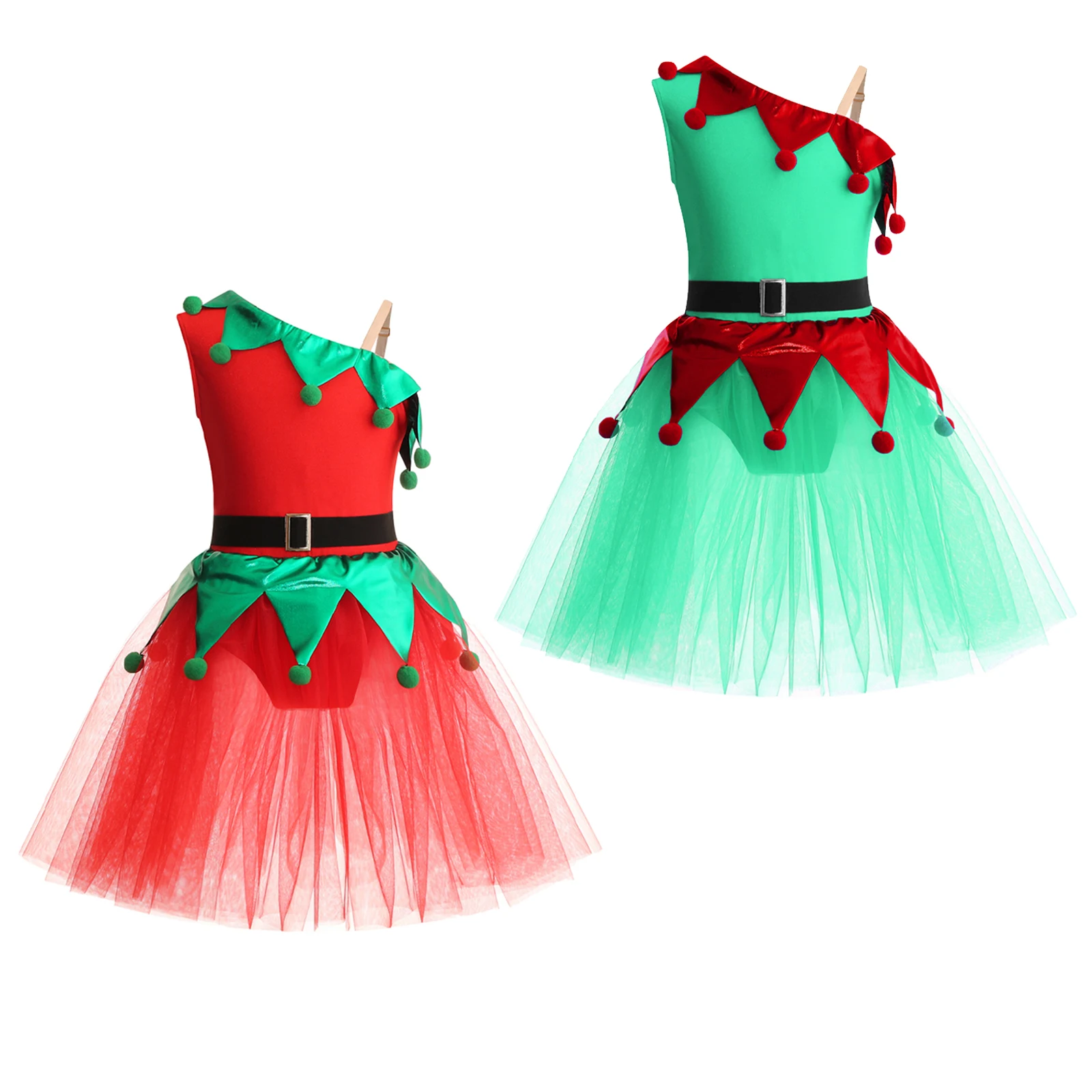 Kids Girls Christmas Clothes Sleeveless One Shoulder Tutu Dress Figure Ice Skating Dress New Year Party Dance Leotard Dress