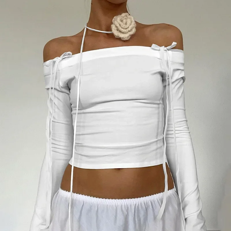 

New Fashion Women Off Shoulder Long Sleeve T Shirts Autumn Y2K Elegant White Crop Tops Skinny Strapless Casual Basic Tees Bow