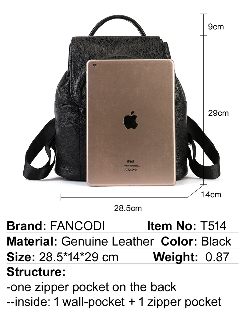 Fashion Cowhide Genuine Leather Backpack For Women And Man Casual Large Capacity School Bag Unisex Travel Bag Bookbag Black T514