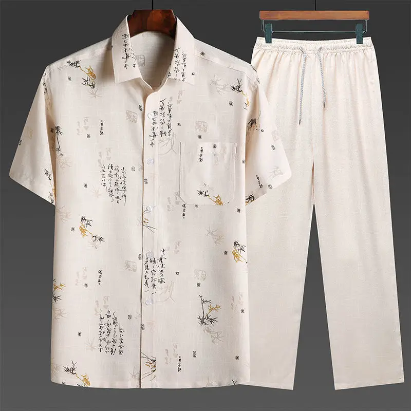 Print Leaves Male Short Sleeve Tang Suit Vintage Man Cotton Hanfu Clothing With Pocket Casual 2PCS Shirt&Pants Kong Fu Set