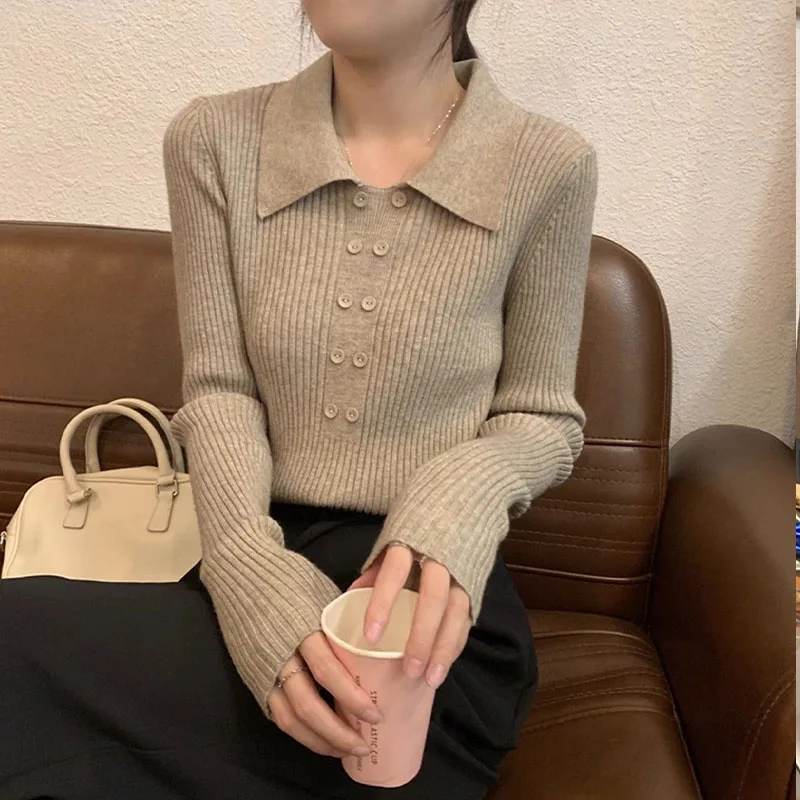 Women Clothing Fashion Elegant Polo Neck Pullover Autumn Winter Simplicity Cozy Sweater Lady French Style Unique Chic Knitted