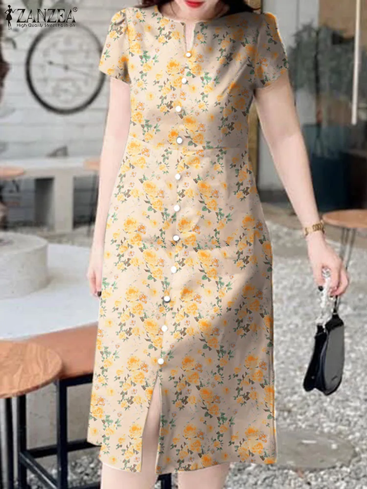 

ZANZEA 2024 Summer Floral Print Sundress Women Casual Short Sleeve Midi Dress Elegant Slit Fornt Chic Dresses Single Breast Robe