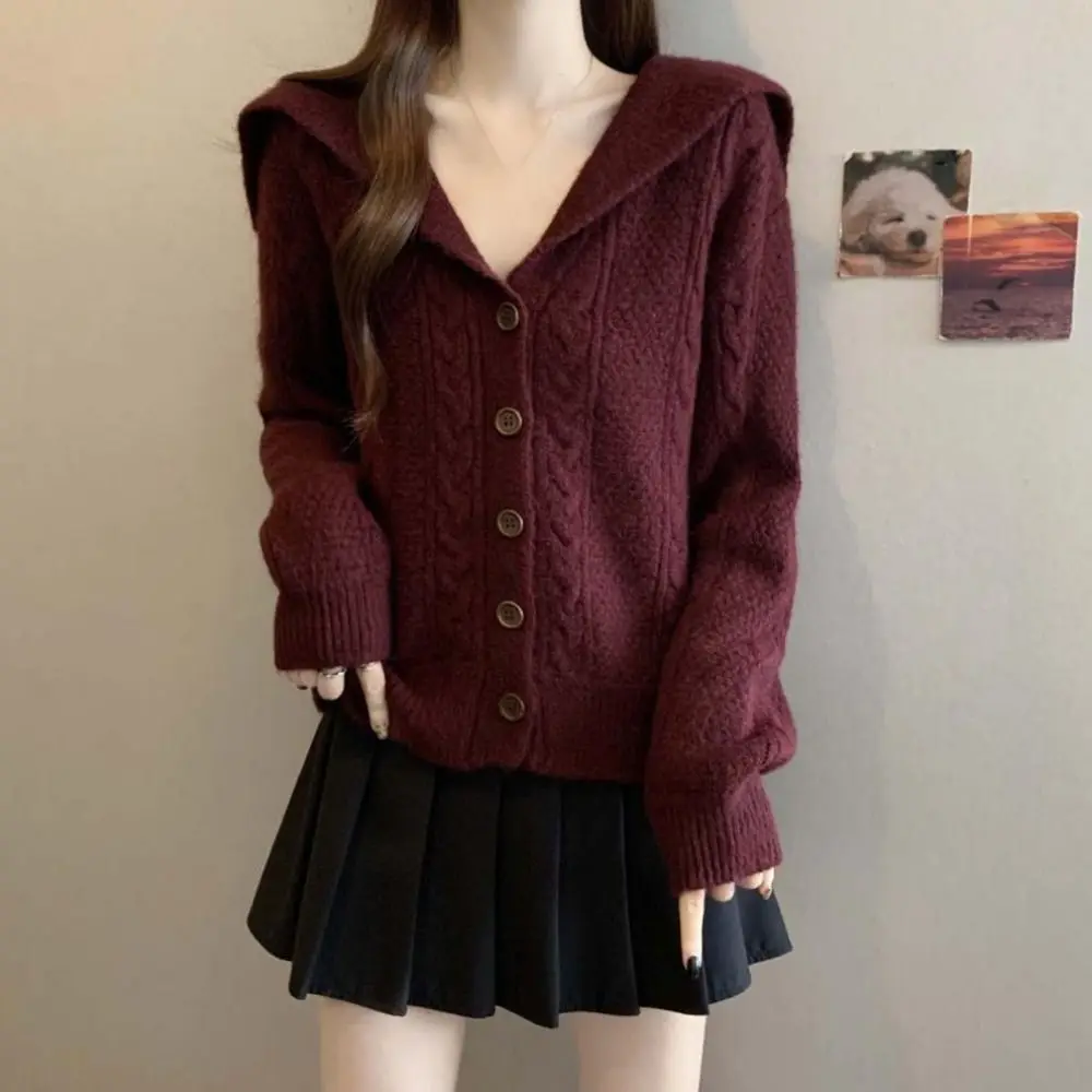 

Flip Collar Grid Crochet Sweater Autumn Spring Long Sleeve Fried Dough Twists Cardigan Preppy Style Ladies Tops