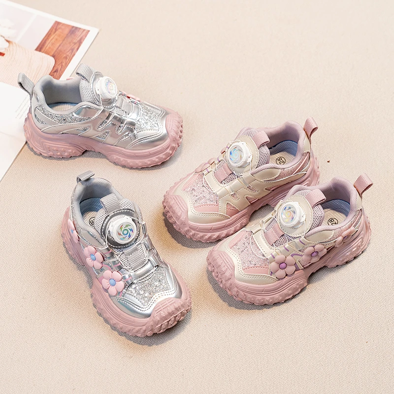 Spring Autumn Chunky Children's Sneakers Sequins Flower Girl Causal Basketball Shoes Versatile Non-slip Kids School Sports Shoes