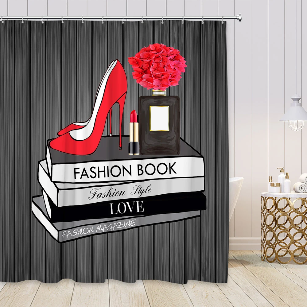 Red High Heels Print Shower Curtain 3D Black Wooden Board Background Fashion Magazine Book Perfume Bottle Bathroom curtain Hooks