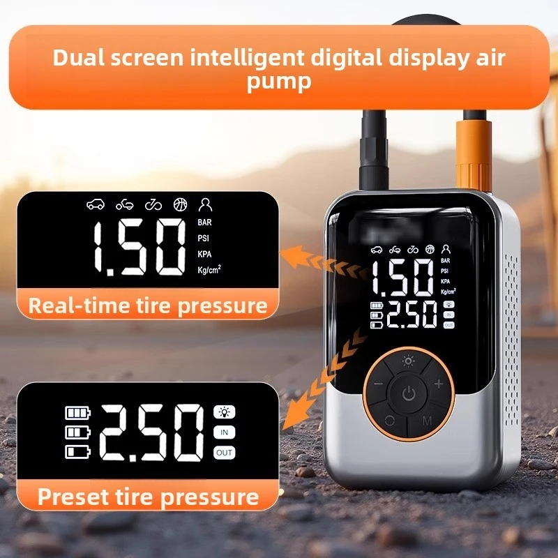 Bomba de aire eléctrica portátil inalámbrica de alta presión para automóviles, compresor de aire para automóvil con manómetro de presión de neumáticos de doble pantalla