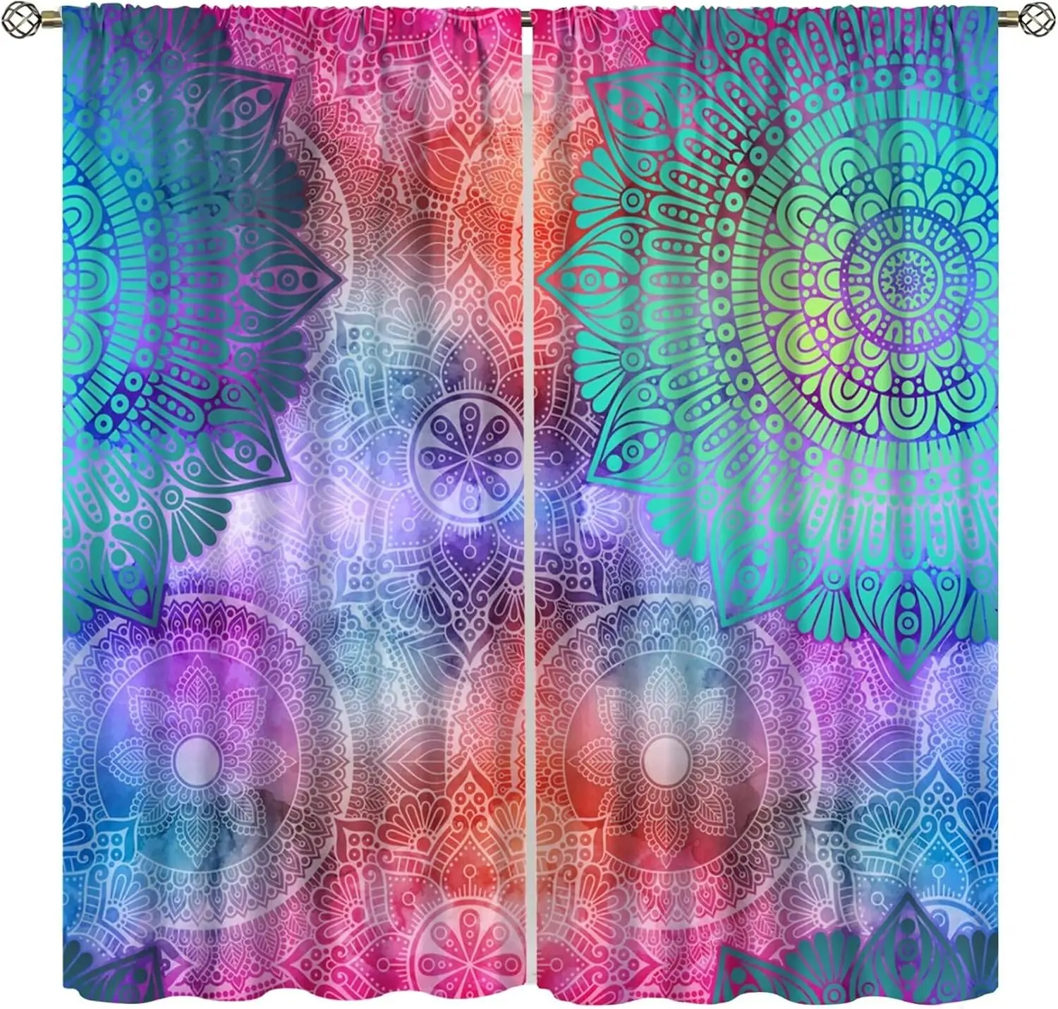 Colorful Mandala Window Curtains, Boho Hippie Floral Print Drapes, Psychedeelic Rainbow Pattern for Bedroom Living Room Bohemian