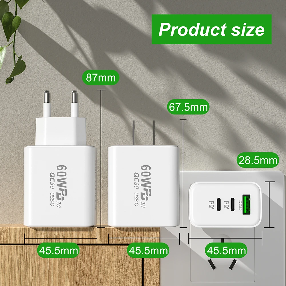 3 Ports 60W USB C Charger EU/US Plug PD QC3.0 Wall Phone Charger USB Type C Fast Charging Adapter For Samsung Xiaomi Huawei