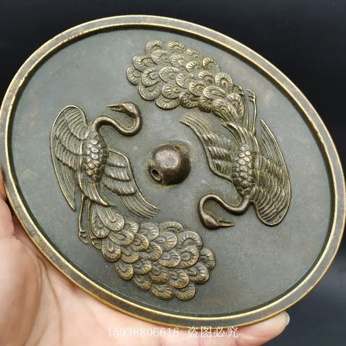 

Bronze antique collection pure brass oval double peacock mirror bronze mirror old goods