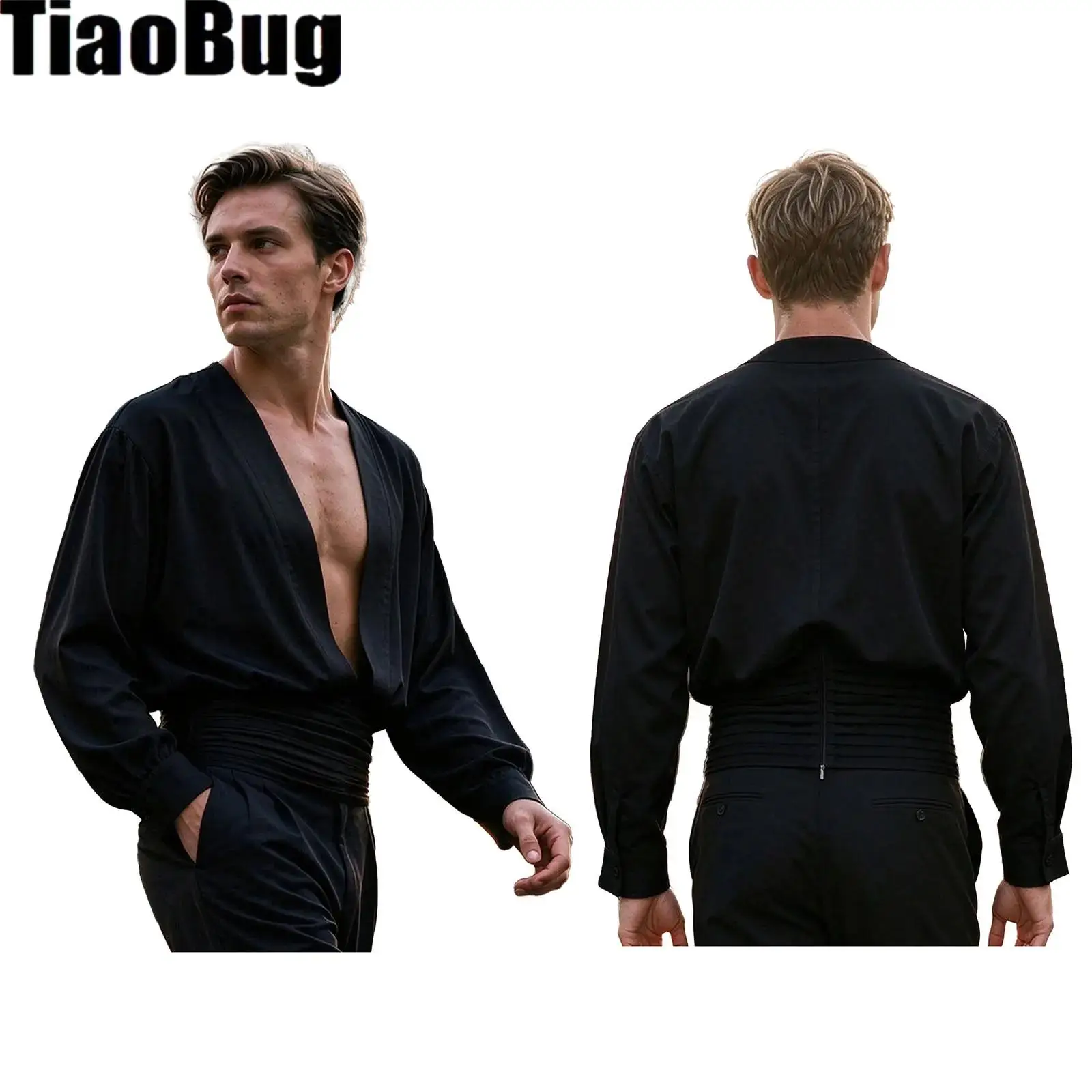 Men Pleated Waist Satin Shirt Deep V Neck Long Sleeve Zipper Back Party Tops for Club Music Festivals Concert Stage Performance