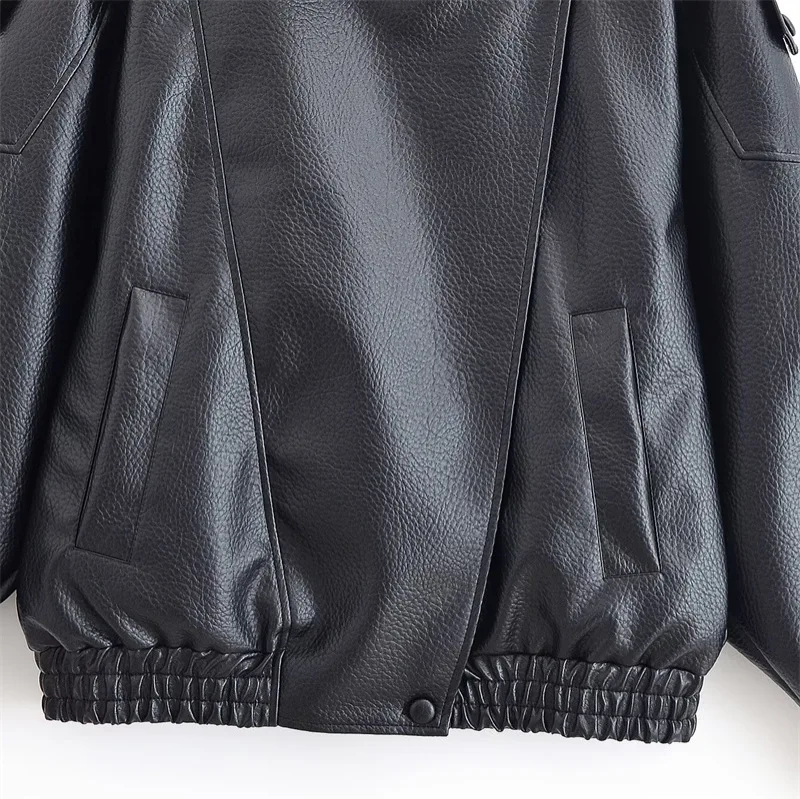 2025 ZA سلسلة خمر دراجة نارية Sle الوقوف طوق Jaet رقيقة جدا بولي Leather جلد المرأة Faion ملابس خارجية