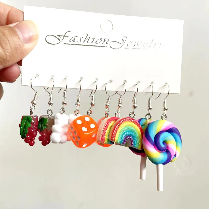 Set anting-anting wanita, 5 pasang anting kecil liontin Resin warna segar seni manis dan lucu hewan buah teh susu