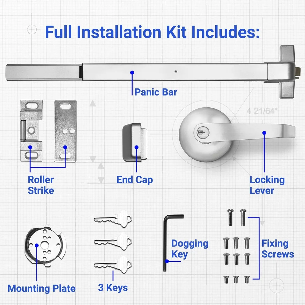 Push Bar Panic Exit Device (Silver) with Door Handle and Keys - UL Listed Grade 1 ADA Emergency Exit Door Push Bar Certified