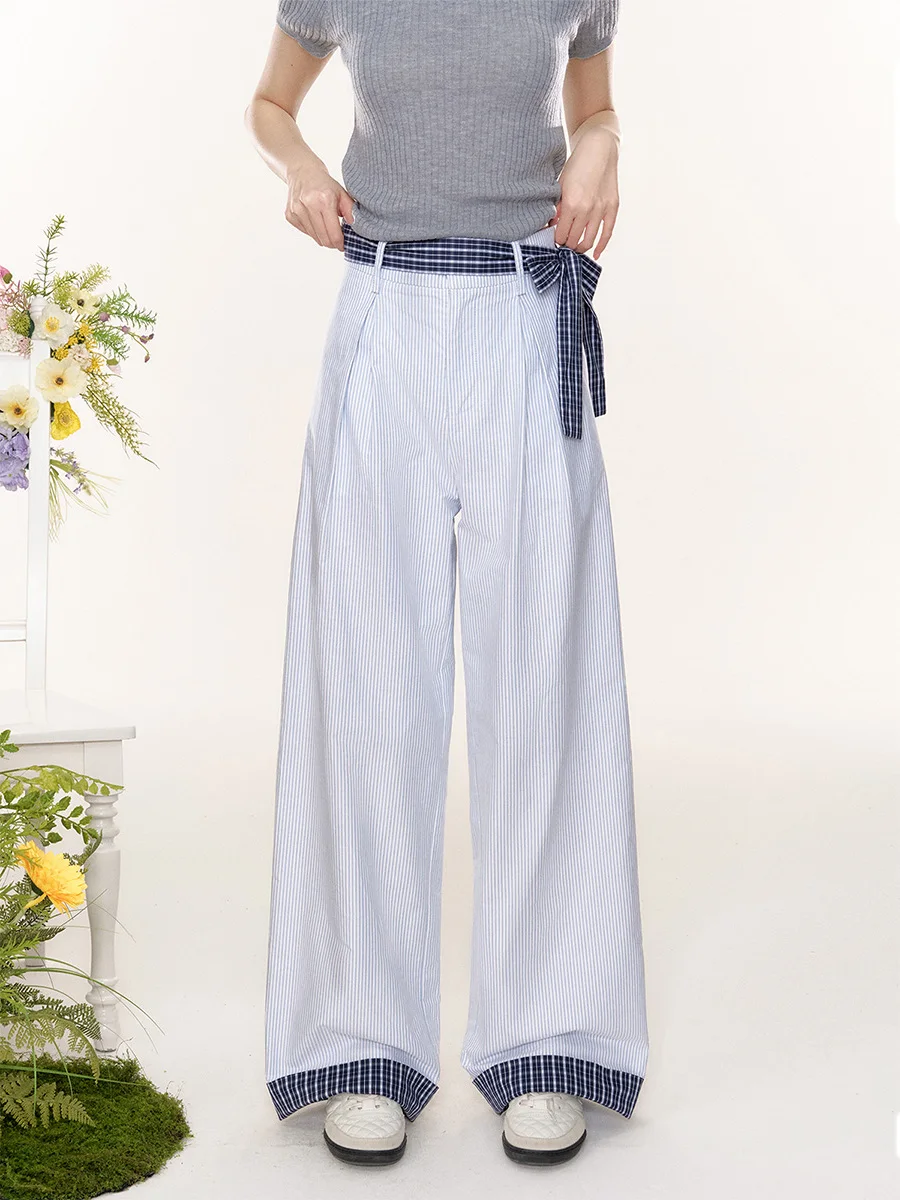 

High Waist Wide Leg Pants Casual Women's Patchwork Stripe Bell Bot Slimming Long Straight Cut Trousers Cotton Blend