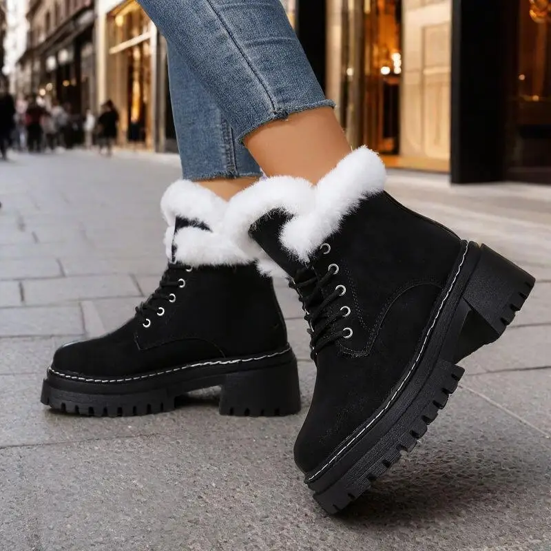 

Warm Long Plush Thick High Heel Suede Ankle Boots Women 2025 Winter Lace Up Furry Snow Boots Woman's Fluffy Fur Short Booties