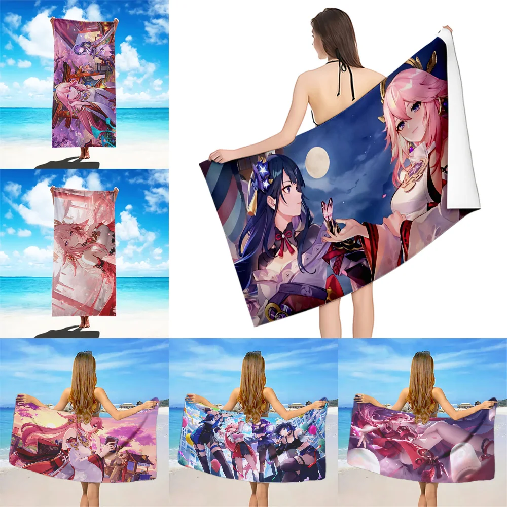 

Cartoon Yae Miko Genshin Impact Beach Towel Microfiber Sand Quick Dry Soft Sandproof Pool Towels for Women Travel Shower Camping