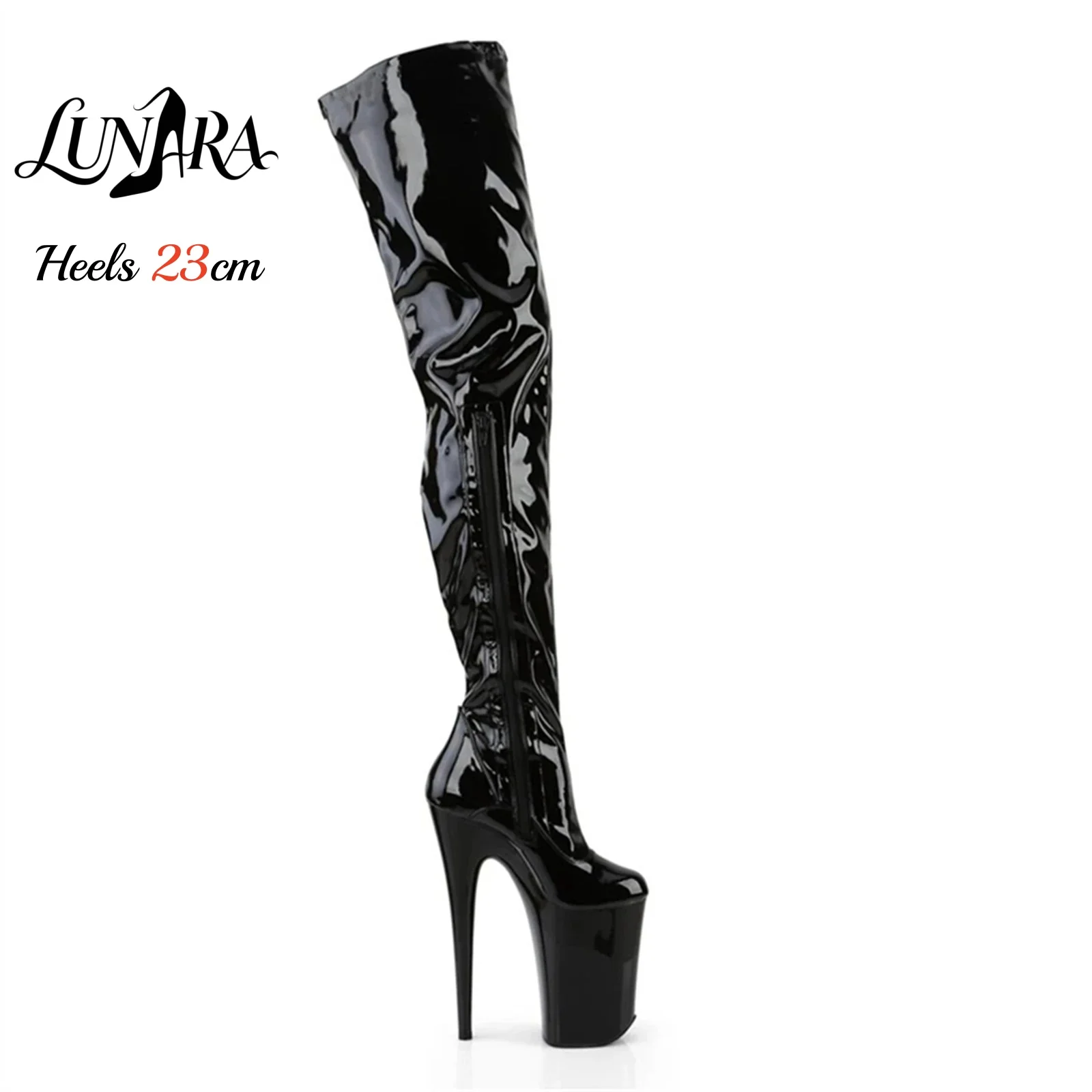 23cm/9Inch Extreme Height Black Patent Platform High Heel Over The Knee Boots Zipper Pole Dance Nightclub Women's Non-slip Rave