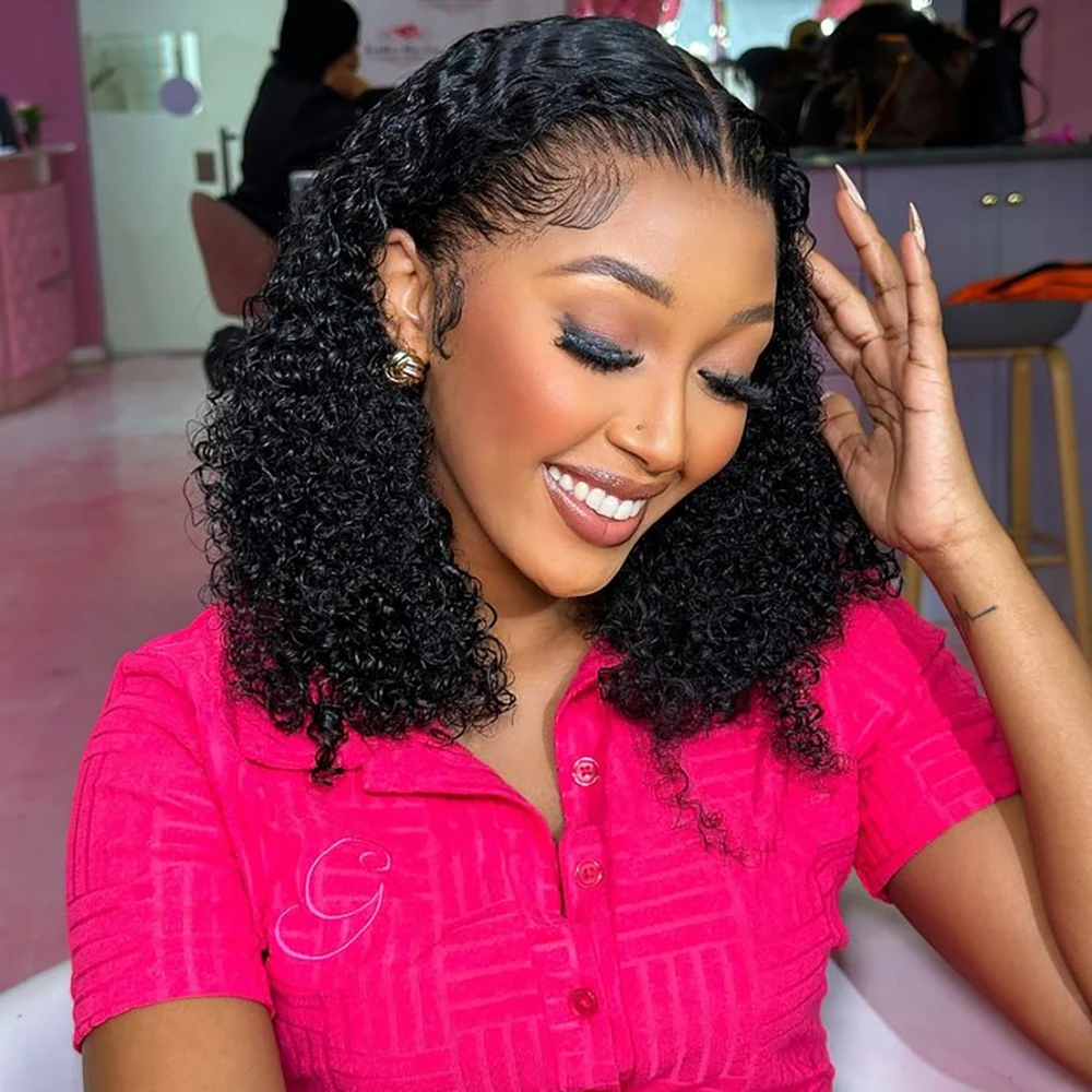 

8-16 дюймов Кудрявый Боб Парик Человеческих Волос Парик 13x4 Прозрачный Парик Фронта Шнурка Предварительно Сорванные Вьющиеся Волны Боб Парик Для Чернокожих Женщин