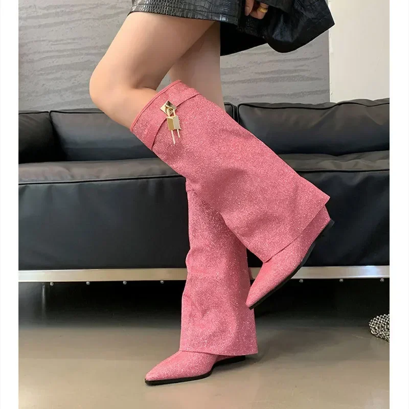 2025 Winter Luxury Knee High Boots Women Sexy Pointed Toe Wedge Heels Fashion Sequins Metal Lock Buckle Design Boots for Women