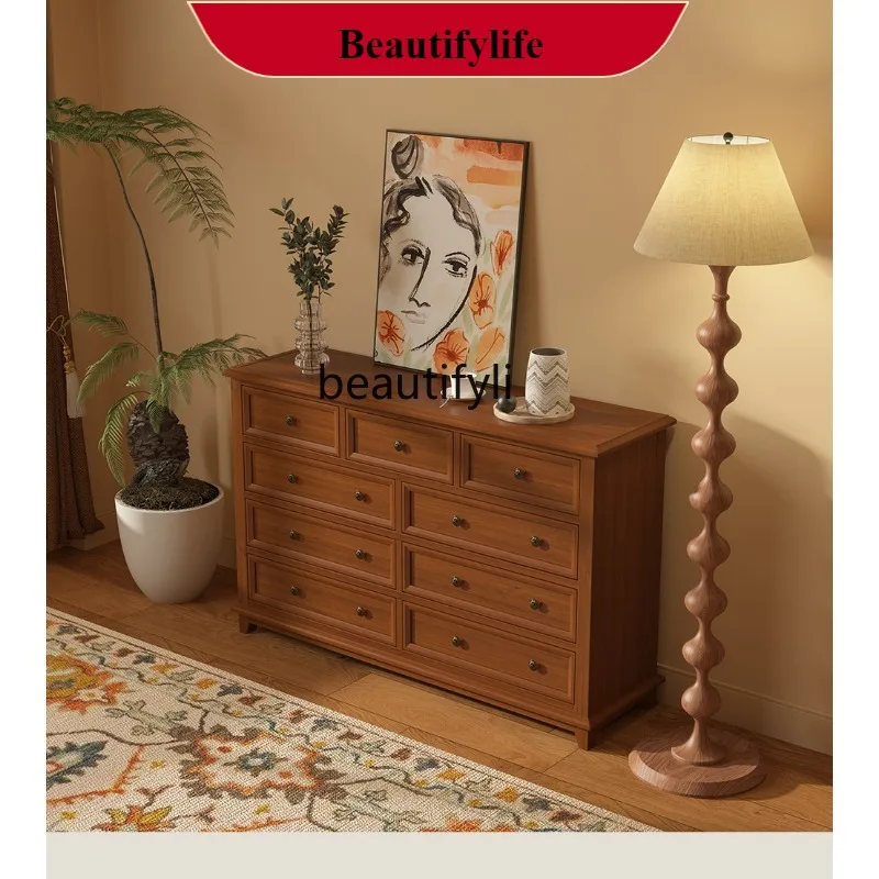 

G1218 French Retro Full Walnut Nine-Drawer Cabinet Bedroom Wall-Mounted Storage Drawer Cabinet Light Luxury American Style