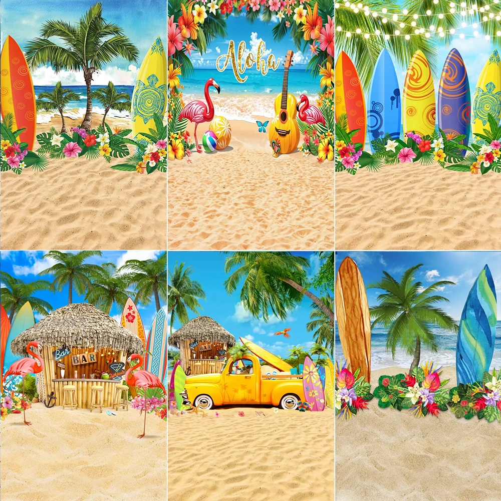 

Summer Beach Palm Trees Coast Theme Hawaii Aloha Seaside Tropical Palm Tree Surfboard Baby Birthday Party Photo Background