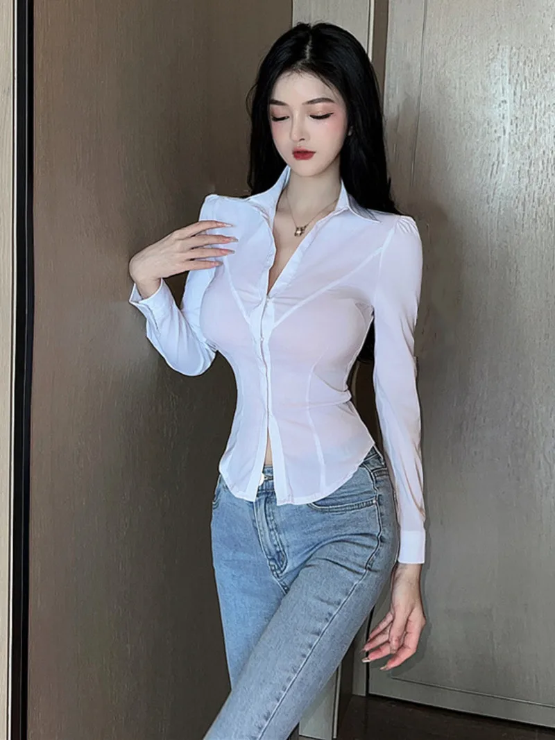 Sexy Secretary Long Sleeve Slim Designer Button Up Collared Corset Shirt Women Fashion Tops Korean Clothes White Blouse FGVA