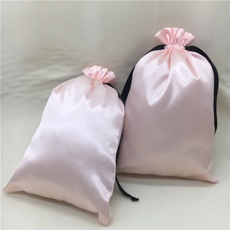 

50pcs Satin Drawstring Pouches for Hair Pink Silk Bags Packaging Jewelry Wedding Party Gift Sachet Print Logo Dustproof Sack