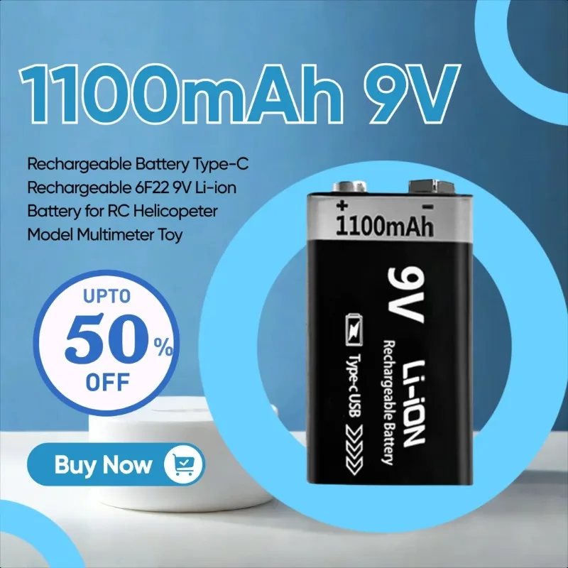 

1100mAh 9V Rechargeable Battery Type-C Rechargeable 6F22 9V Li-ion Battery for RC Helicopeter Model Multimeter Toy