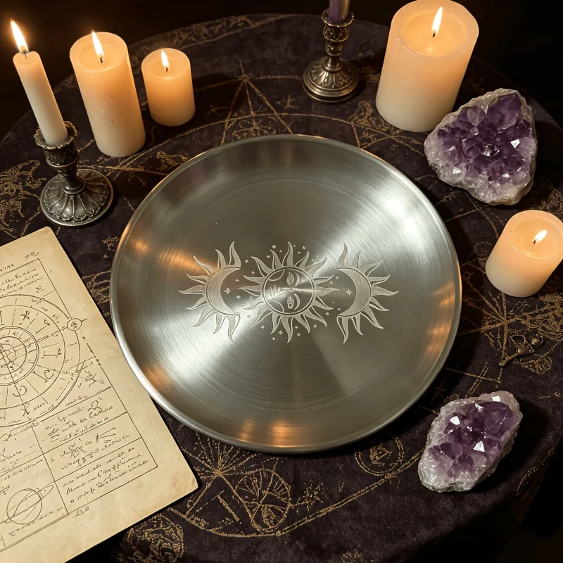 Sun and Moon Etched Decor Tray, Stainless Steel Ritual Offering Tray, for Wicca Witchcraft Crystal Display Spiritual Decor
