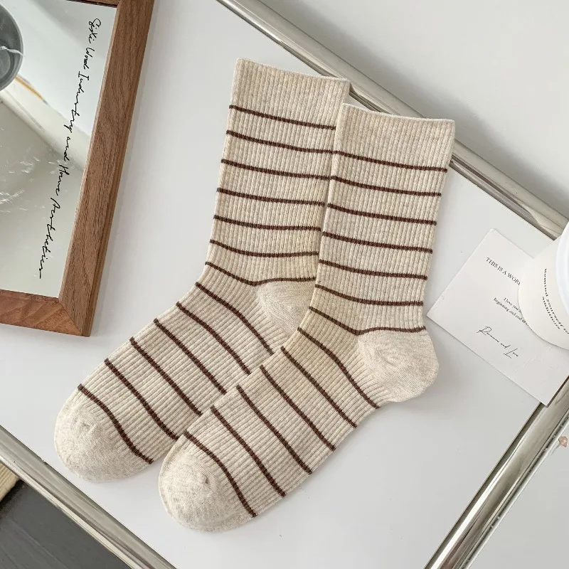 5 Pairs Women's Mid-Calf Socks Girl School Autumn Winter Stripes Brown Black Socks Woman Cotton Long Socks Set High Quality 2025