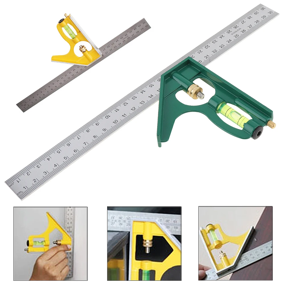 Square Ruler Set Kit 300mm 12inch Adjustable Engineers Combination Try None Right Angle Ruler With Bubble Level  Measuring Tools