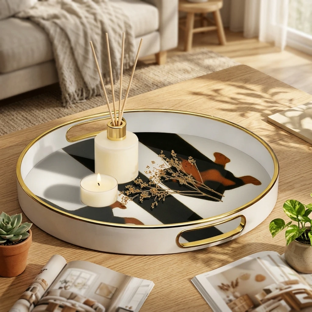 Luxury Round Storage Tray With Handle Modern Decorative Serving Plate for Living Room Entrance Sample Room Custom Display