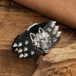 2025 Personalized Jewelry Handmade Weave Genuine Leather Wolf Head Bracelet Men Vintage Cuff Wide Leather Rivet Bracelet Pulsera