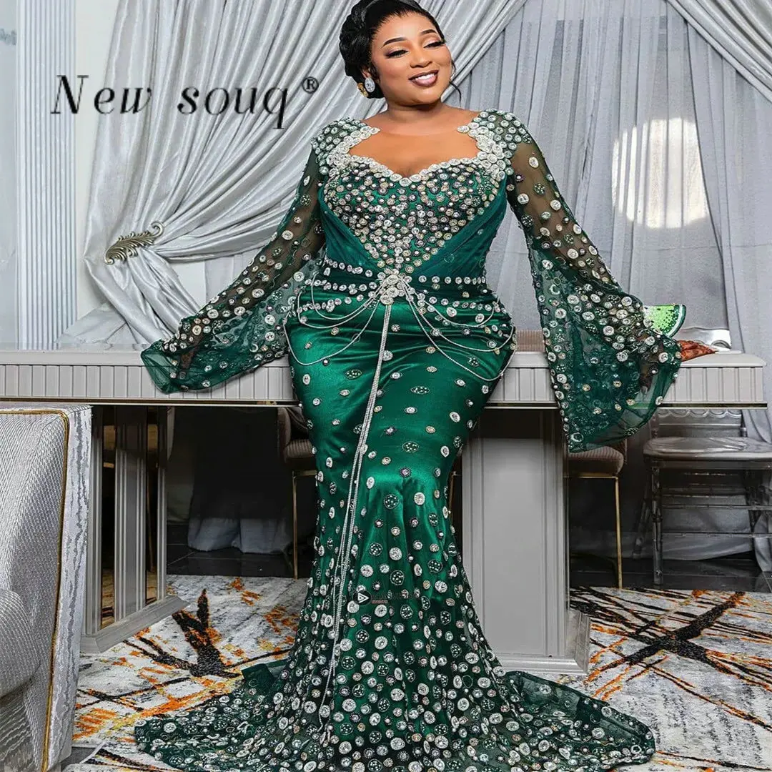 Aso Ebi-Vestidos de Noche de sirena de manga larga acampanados con cristales de lujo, vestidos de fiesta formales de talla grande para bodas, Color Verde Africano