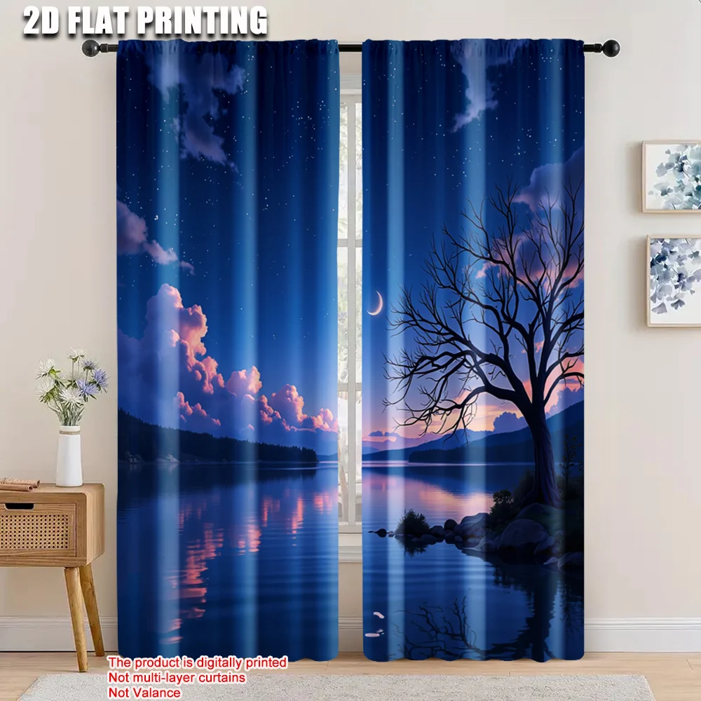 

2pcs, 2D flat printing Drapes Starry Night lake Versatile 100% Polyester,Without Electricity Festive Backdrops Applies to Indoor