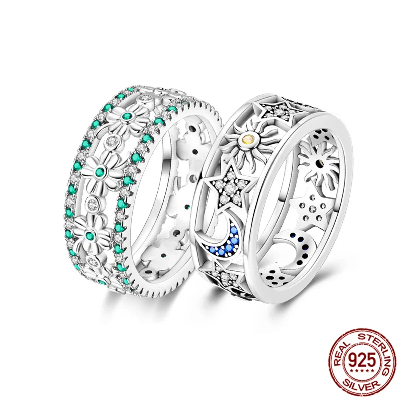 Real 100% Sterling Alloy of  Silver 925 Hollow Sun Star Moon Rings Note Finger with Zircon For Friend Lover Wedding Gift Fashion