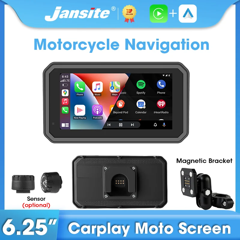 Jansite 6.25 "شاشة Carplay للدراجات النارية أندرويد السيارات نظام تحديد المواقع والملاحة Motorrad خوذة بلوتوث إضافة جبل مغناطيسي مستشعر TPMS