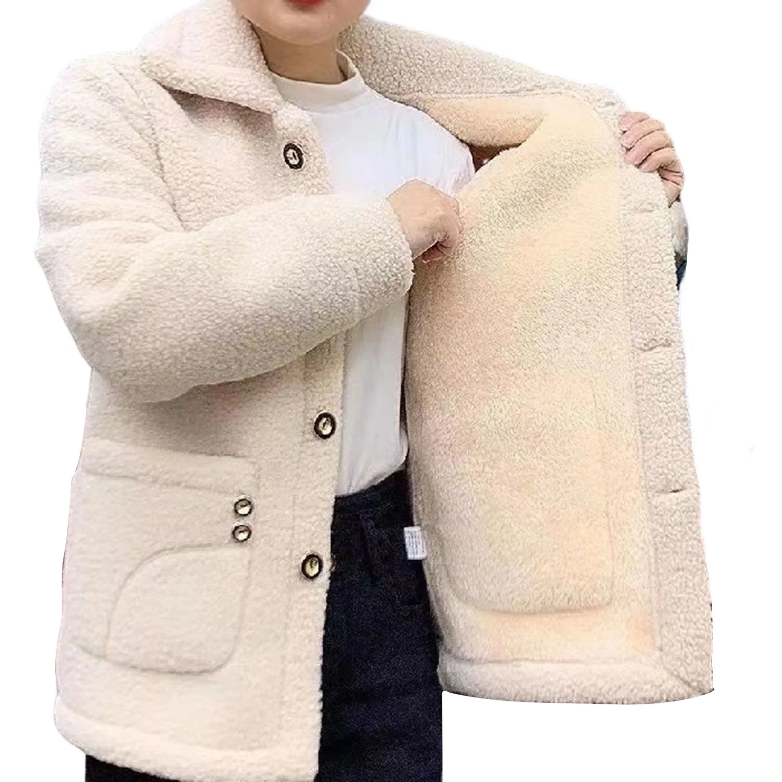 Women\'s Lamb Fleece Jacket Lapel Collar Warm Cotton Coat for Cold Weather Outdoor Wearing NIN668