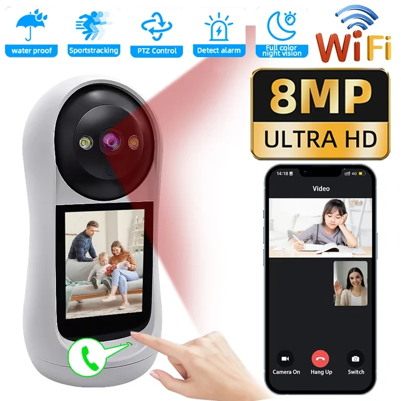 8MP Wifi Camera Video Call with 2.8 Inch IPS Screen Wireless Security IP Camera Baby Cry Sound Detection Baby Monitor V380 APP